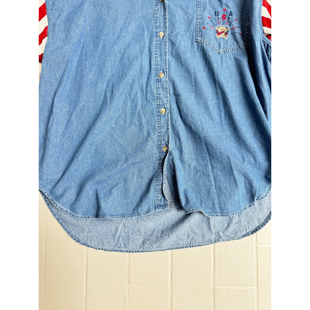 Vintage 90's Denim‎ Womens Shirt Size 26 American Flag Embroidered Bear USA - Picture 2 of 6